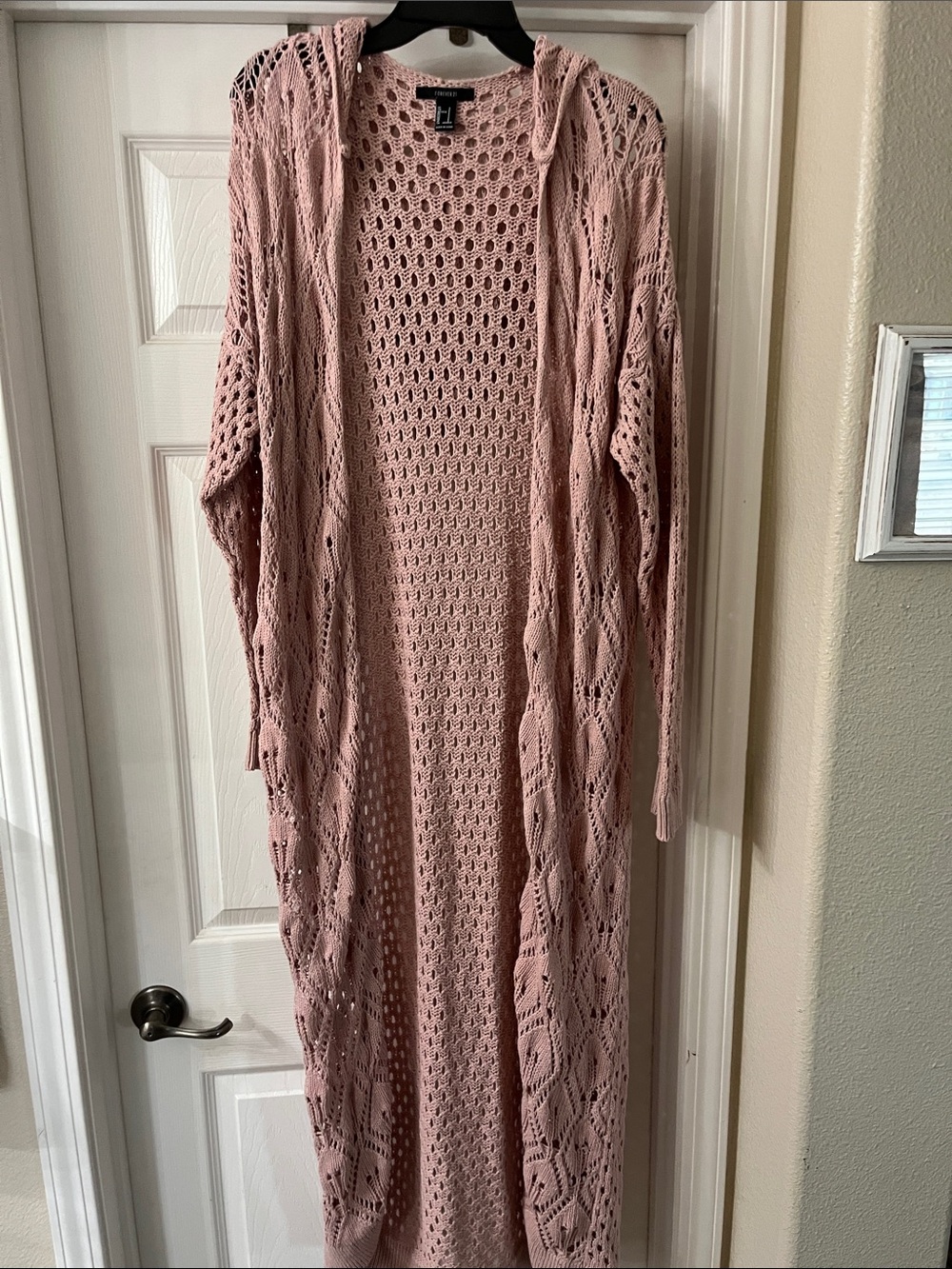 Dusty Pink Open-Weave Hooded Long Cardigan